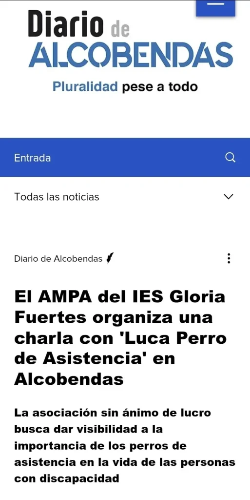 Portada de la noticia en el Diario de Alcobendas: 'El AMPA del IES Gloria Fuertes organiza una charla con Luca Perro de Asistencia en Alcobendas.