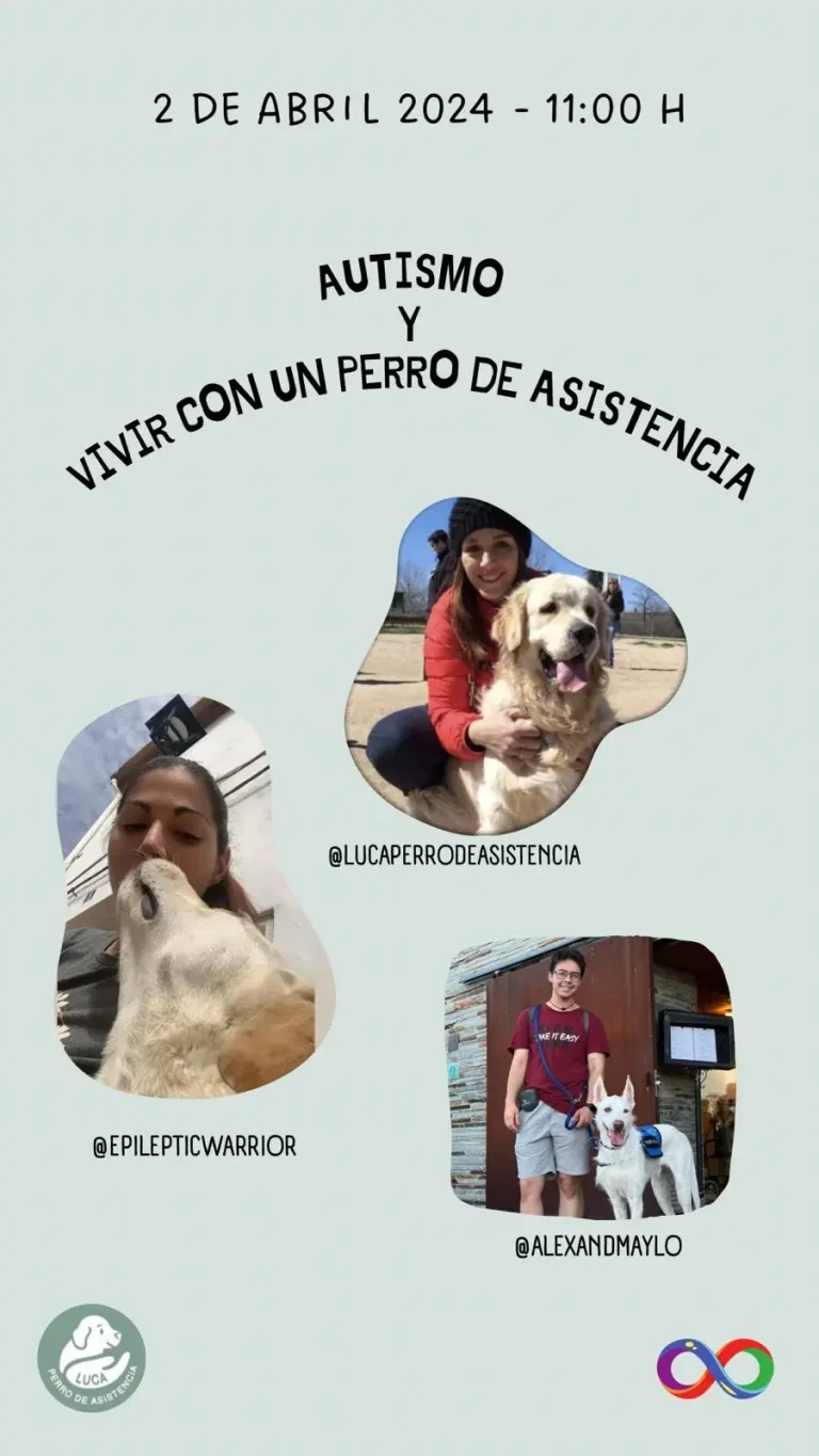 Portada del directo "Autismo y Vivir con un Perro de Asistencia" con fotos de los intervinientes: @LucaPerroDeAsistencia, @EpilepticWarrior y @AlexAndMaylo