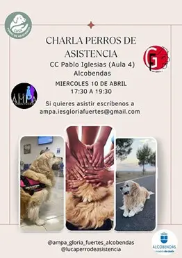 Cartel de presentación de la ponencia “Charla Perros de Asistencia” indicando hora y lugar de la misma y el email para inscripciones. Incluye 3 fotos vertical de Luca y los logos de los implicados: Luca Perro de Asistencia, AMPA IES Gloria Fuertes y Ayuntamiento de Alcobendas.