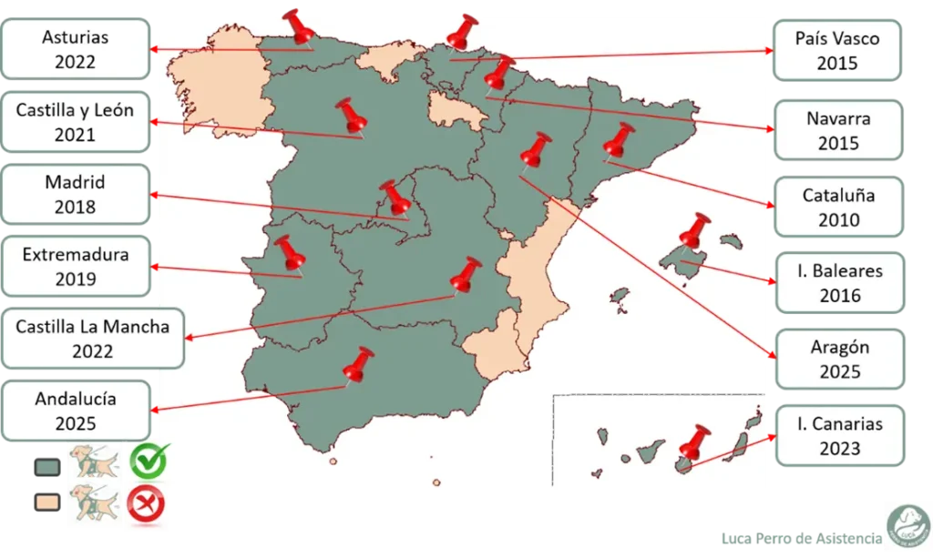 Mapa de España con la situación de la ley de perro de asistencia por comunidades autónomas